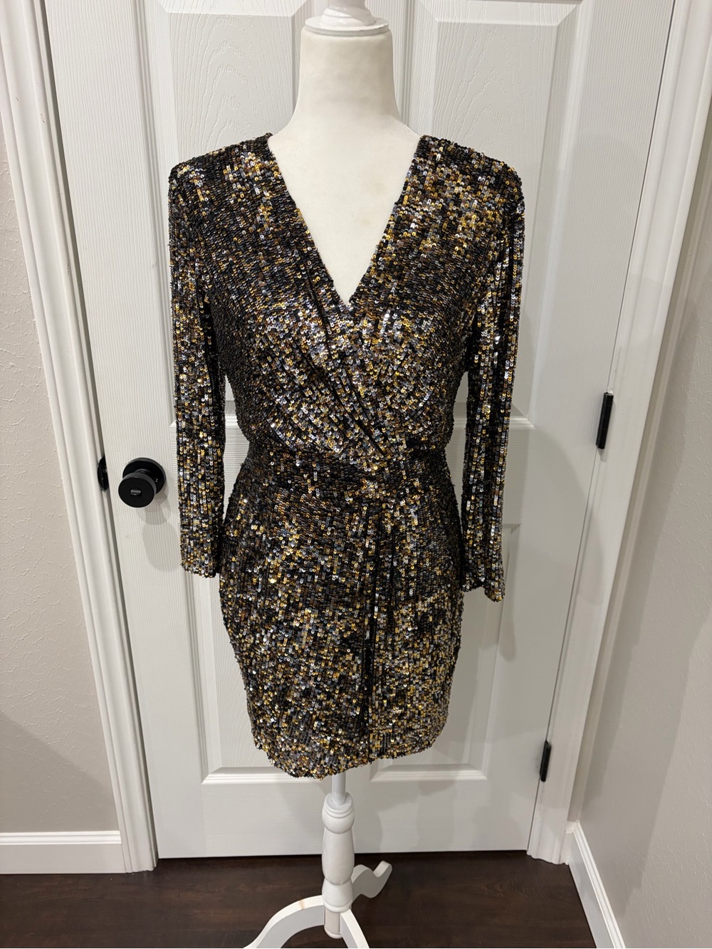 Parker Black and Gold Sequin Wrap Mini Dress